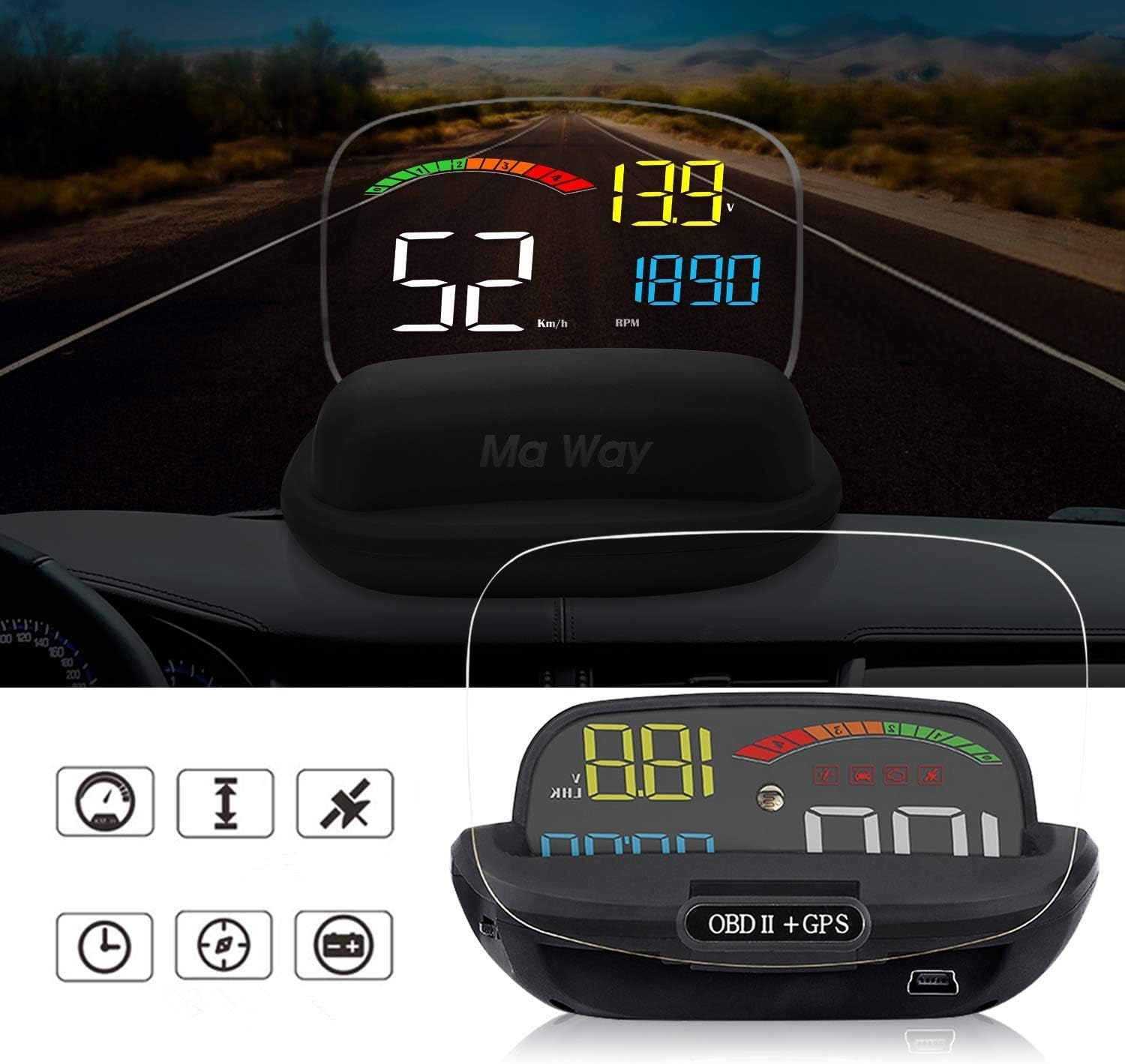 Ma Way Head Up Display, Car HUD OBD II + GPS Interface, Speedometer KM/h & MPH Speeding Warning Digital Alarm Display Windshield Projector Security Alarm