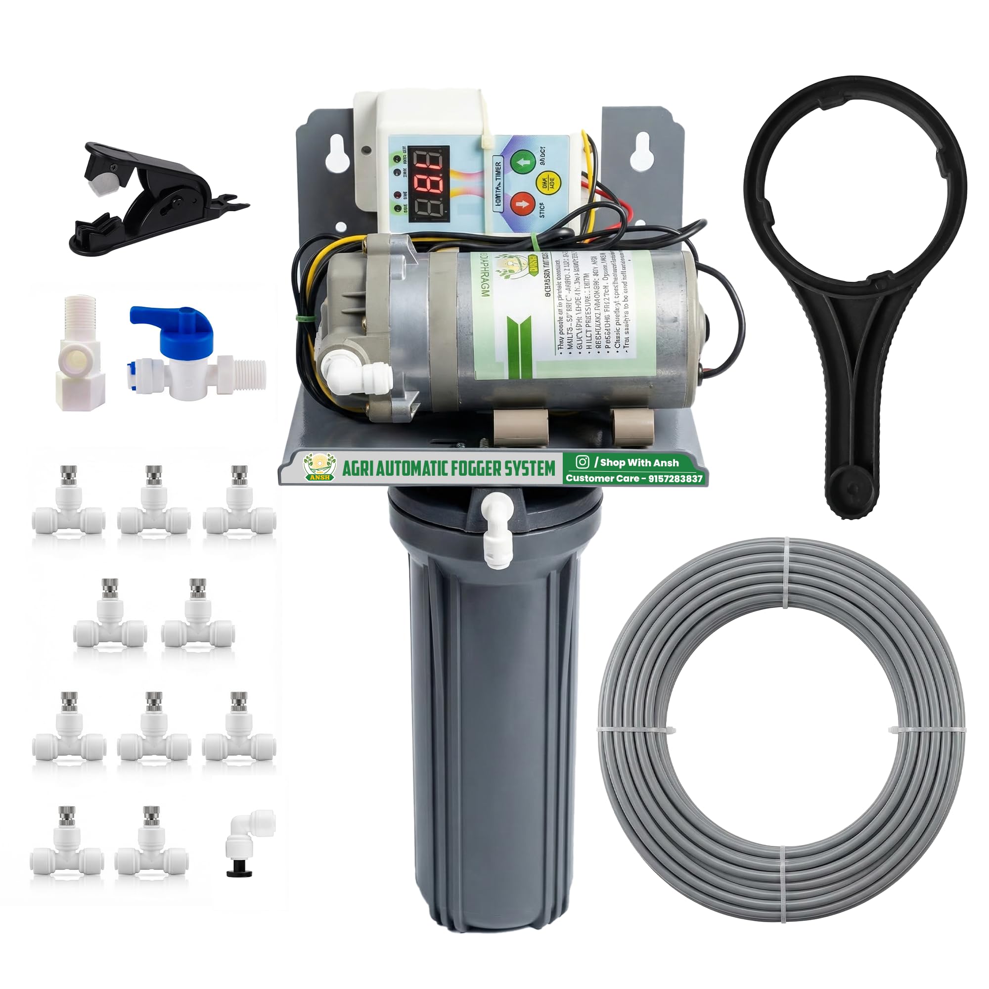Agriansh High-Pressure Water Misting System Kit with 100GPD 24V Pump – Outdoor Cooling & Garden Irrigation – 135 PSI Fogger with Timer, Nozzles, Pipe, Connectors & More (15M Tube)-image-16