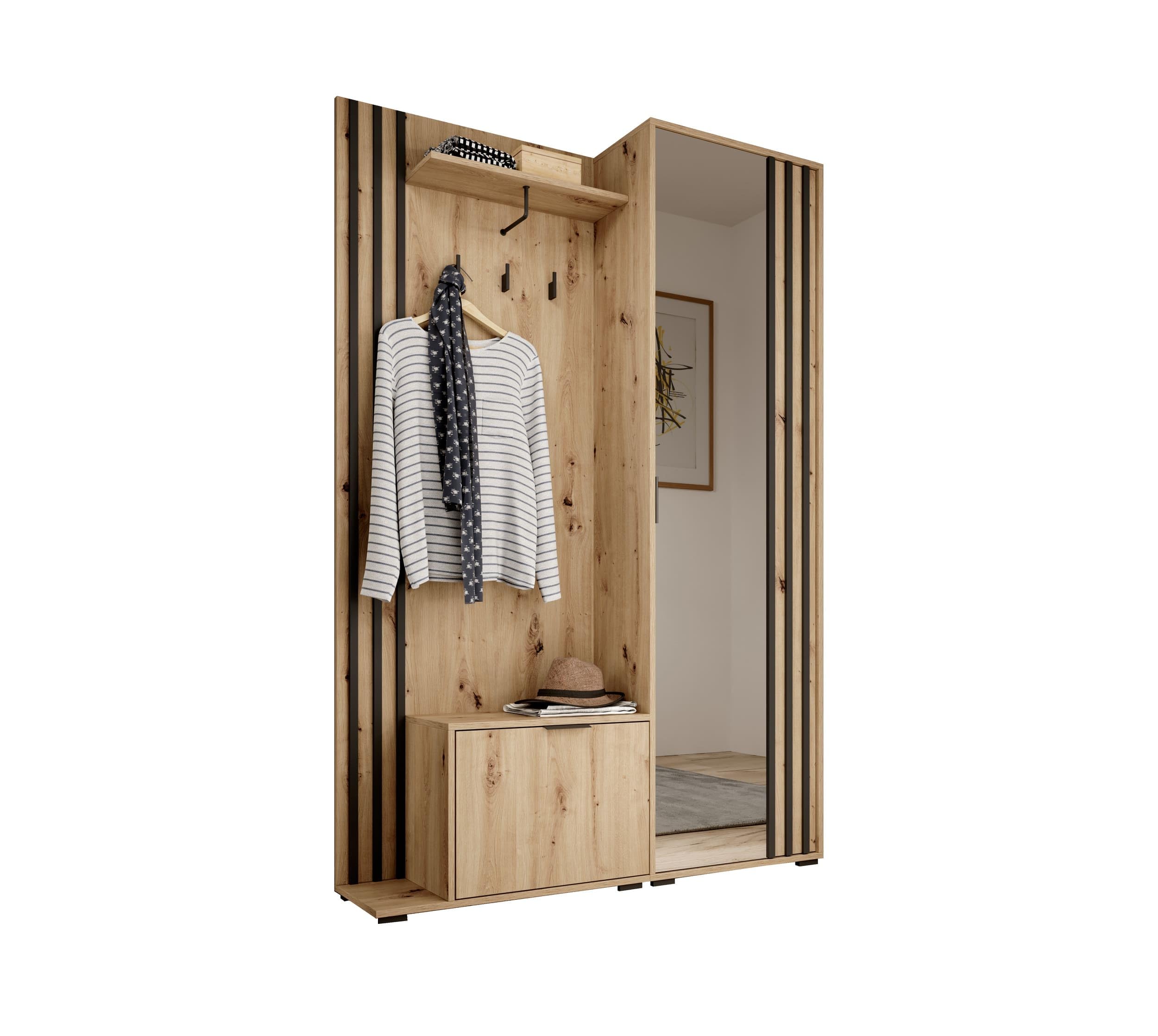 Ensemble de Meubles d'entrée avec Miroir et Étagère Meuble de Rangement pour Chaussure - 135x197x34 cm - John (Artisan + Noir)