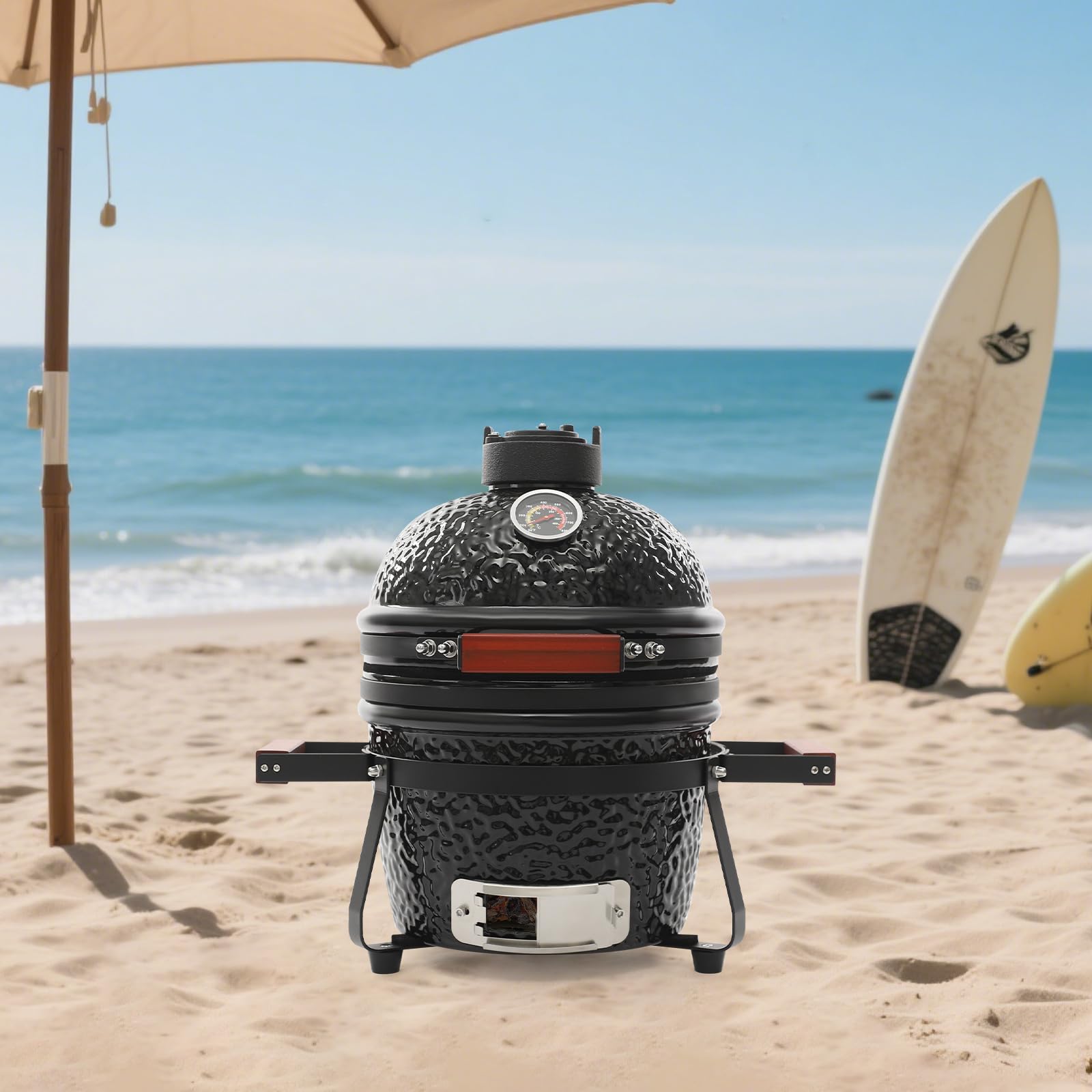 Barbecue a carbonella in ceramica da 13 pollici con termometro, Kamado Style Griller – Barbecue a carbonella in ceramica per affumicatura e barbecue, barbecue da esterno per terrazza, giardino