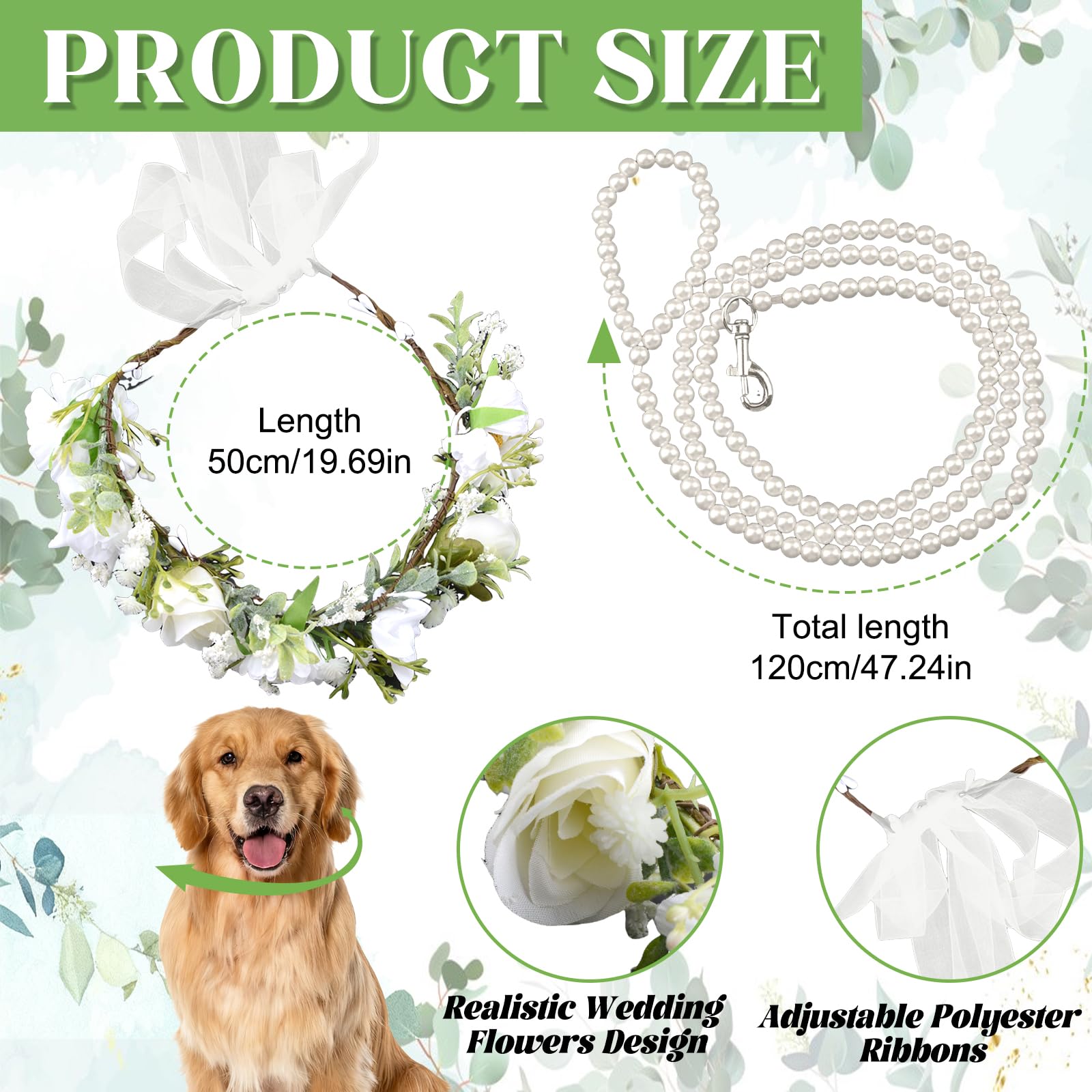 Hundehalsband mit Blumenhalsband mit Perlen, elegantes Hunde-Stirnband, Hochzeitskleidung, Kranz, Schleife, verstellbarer Kranz, Hochzeitsoutfit, Blumenhalsband, Haustier-Foto-Requisite (weiß)