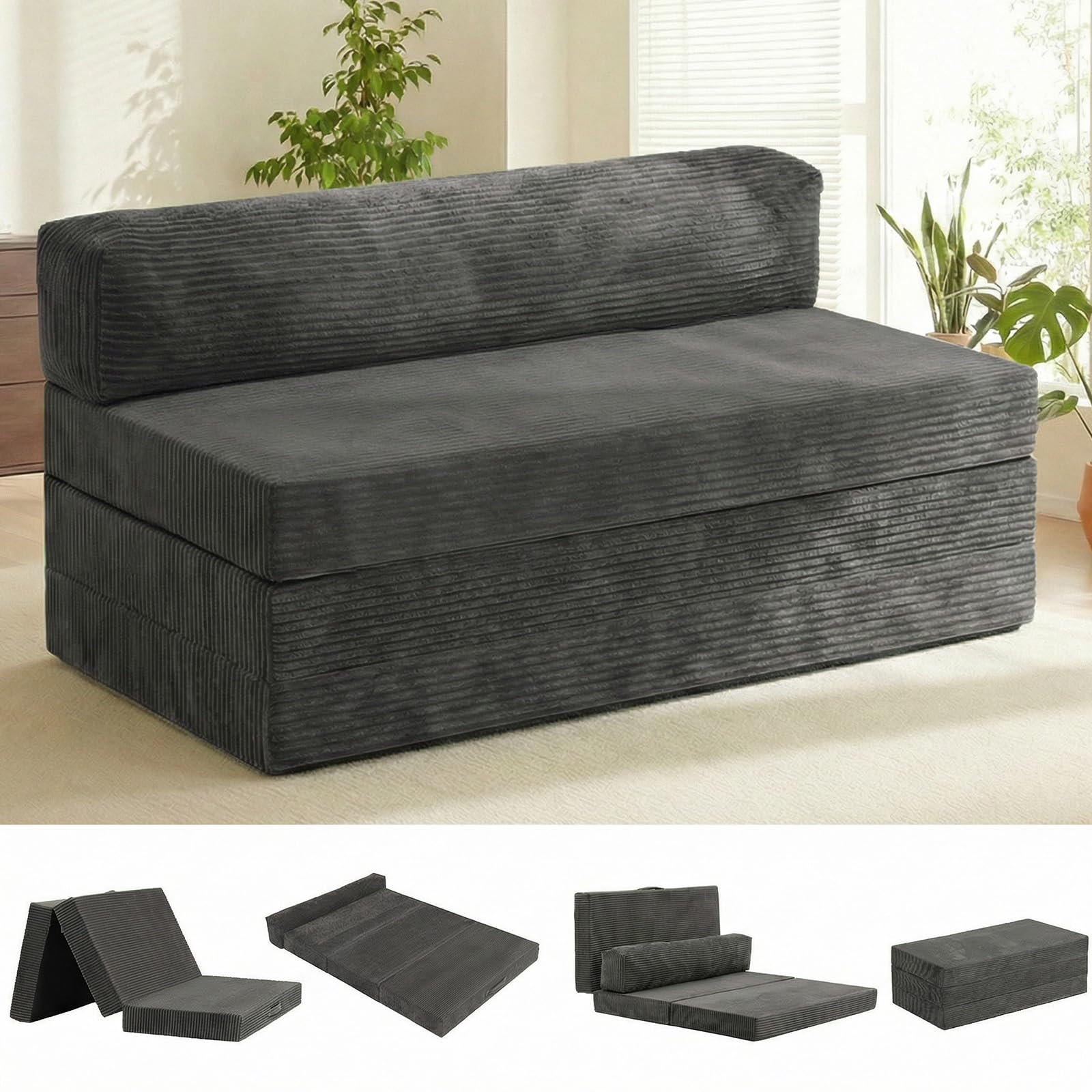 5-in-1 Convertible Sofa Bed, Boneless Loveseat, Tri-fold Futon Sofa Bed with Removable Cushions & Washable Cover, Pull Out Couch with Handle, for Small Spaces, Queen Size, Grey