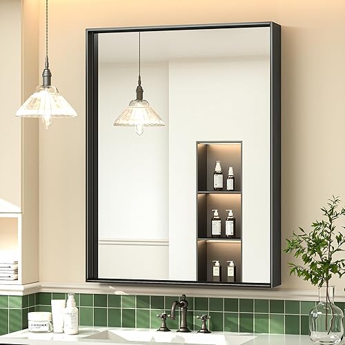 TokeShimi Espejo de tocador negro de 48 x 30 pulgadas para lavabo de baño, moderno espejo rectangular montado en la pared con marco de aleación de