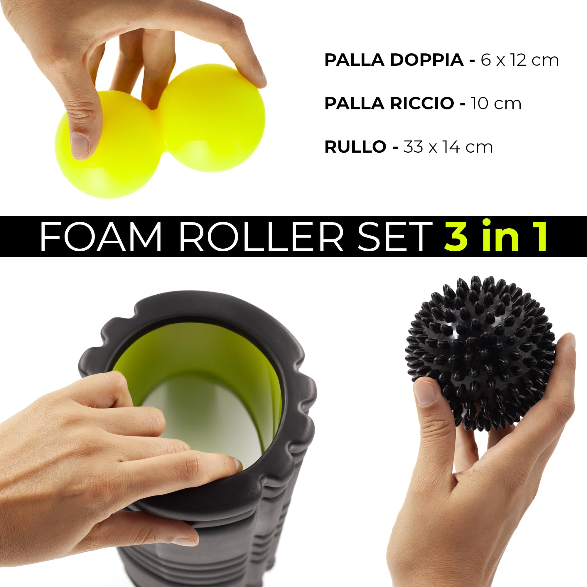 KALAHARI Foam Roller Set, 3 in 1 più Ebook esercizi in italiano – Rullo massaggio muscolare, Palla Doppia e Riccio per Terapia Trigger Point e Automassaggio Miofasciale – Rullo schiena, gambe, braccia
