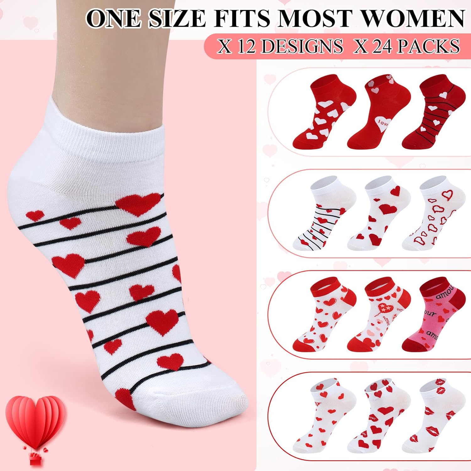 Short Valentine Heart Socks for Women, Red Pink White Heart Ankle Crew Low Cut Galentines Socks Bulk for Women - Image 3