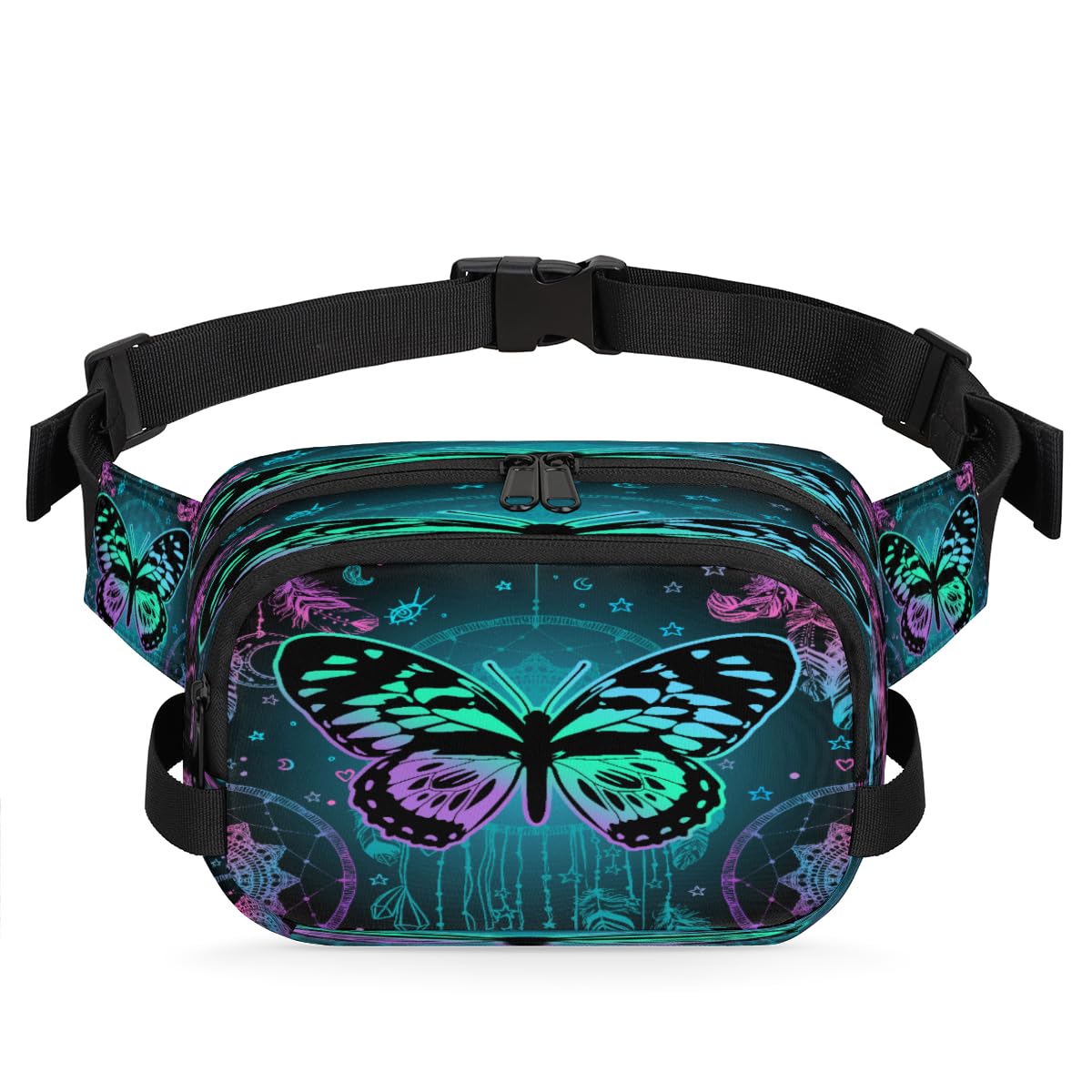 Colorful Mandala Butterfly Dreamcatcher Waterproof Fanny Pack for Women Men Adjustable Waist Bag with Double Zipper Pockets Lightweight Square Hip Pack for Running Travel Hiking Workout Cycling