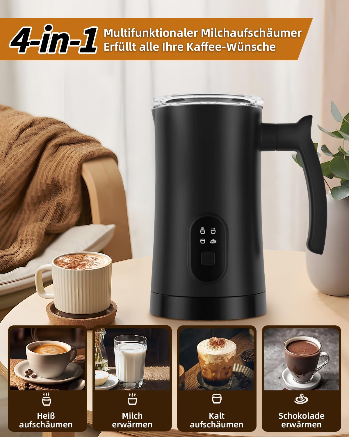 Liksiy Milchaufschäumer, 4-in-1-Kaffee-Milchaufschäumer mit Heiß- und Kaltaufschäumung für Latte, Cappuccino und Macchiato (schwarz)