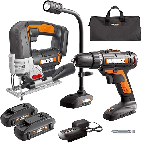 WORX WX958L - Taladro inalámbrico de 20 V WX101L, 20 V, 0.945 in, rompecabezas inalámbrico WX543L y luz LED flexible de 20 V WX028L, kit combinado