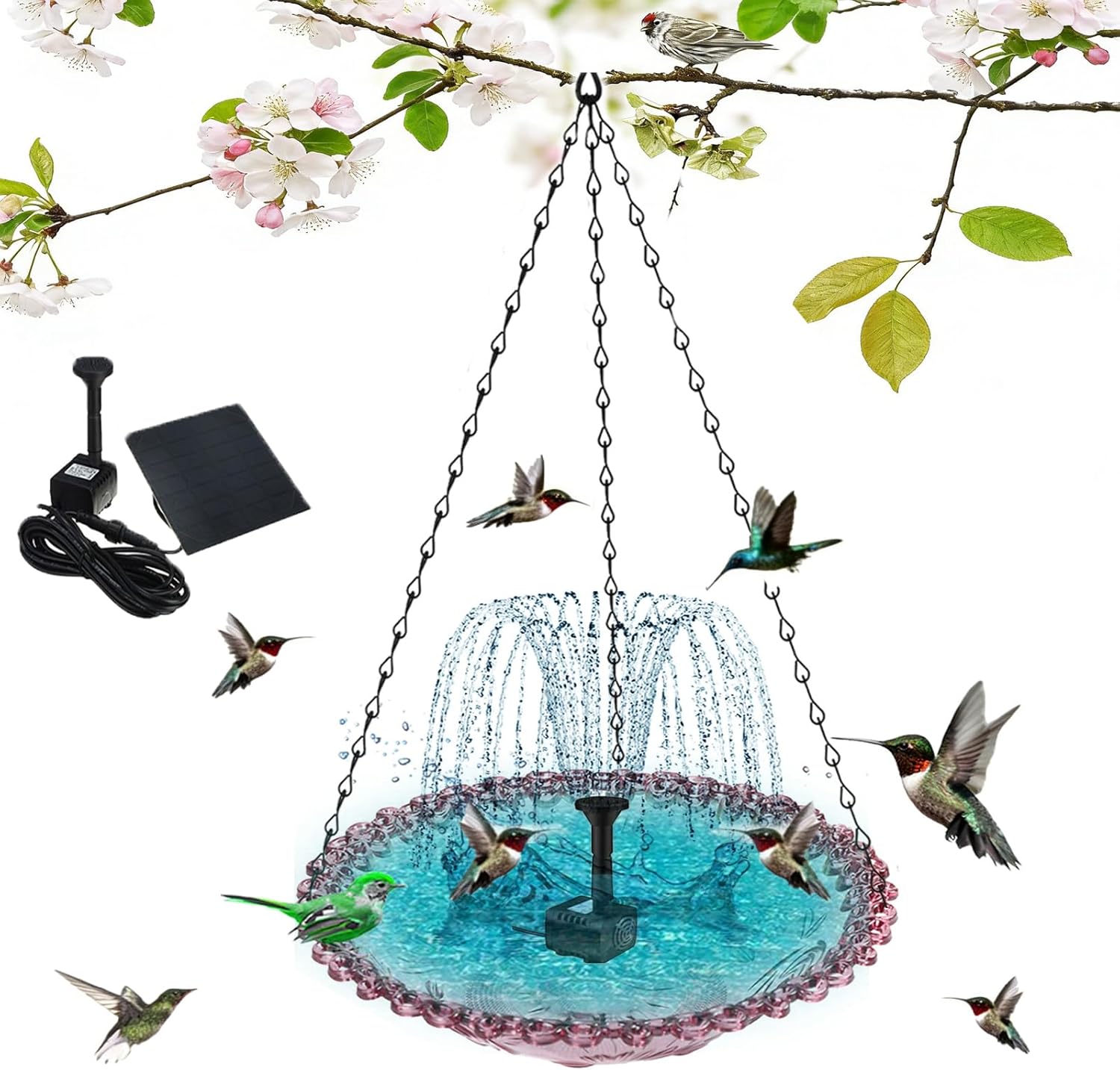 Solar Cascading Water Fountain, Cascading Bird Bath Fountains Solar Power, Solar Cascade Hanging Bird Bath Fountain, Hanging Birdbath with Solar Fountain for Outdoor Garden Decor (B-Blue)
