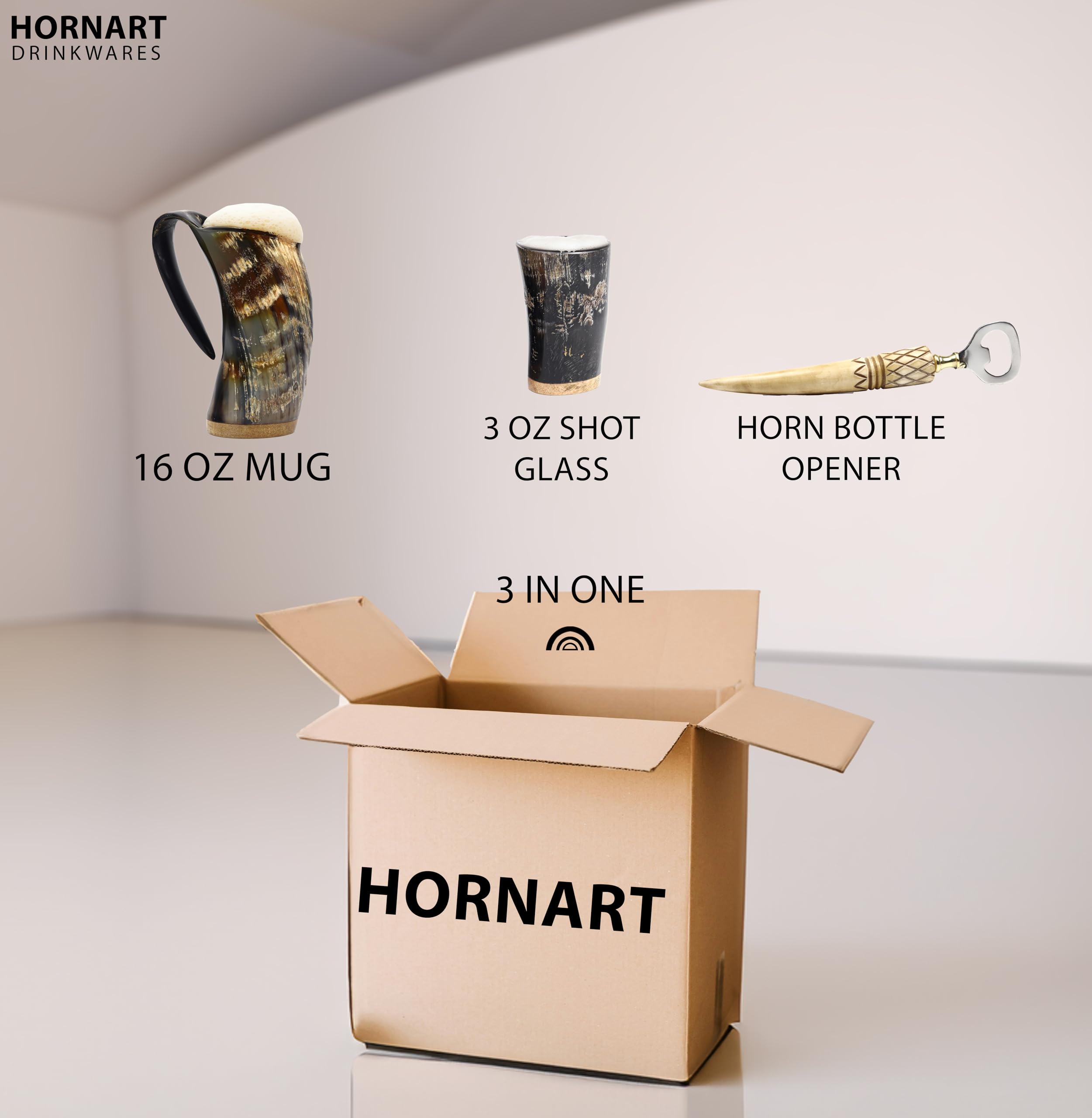 Unique Viking Drinking Horn Mug Set with Cool Shot Glass & Opener for Beer, Whiskey, ale. Ox Horn Cup, 16-20 oz for Men & Women- Ideal for Christmas, Birthday, Occasions and Home Decor. (Simple)