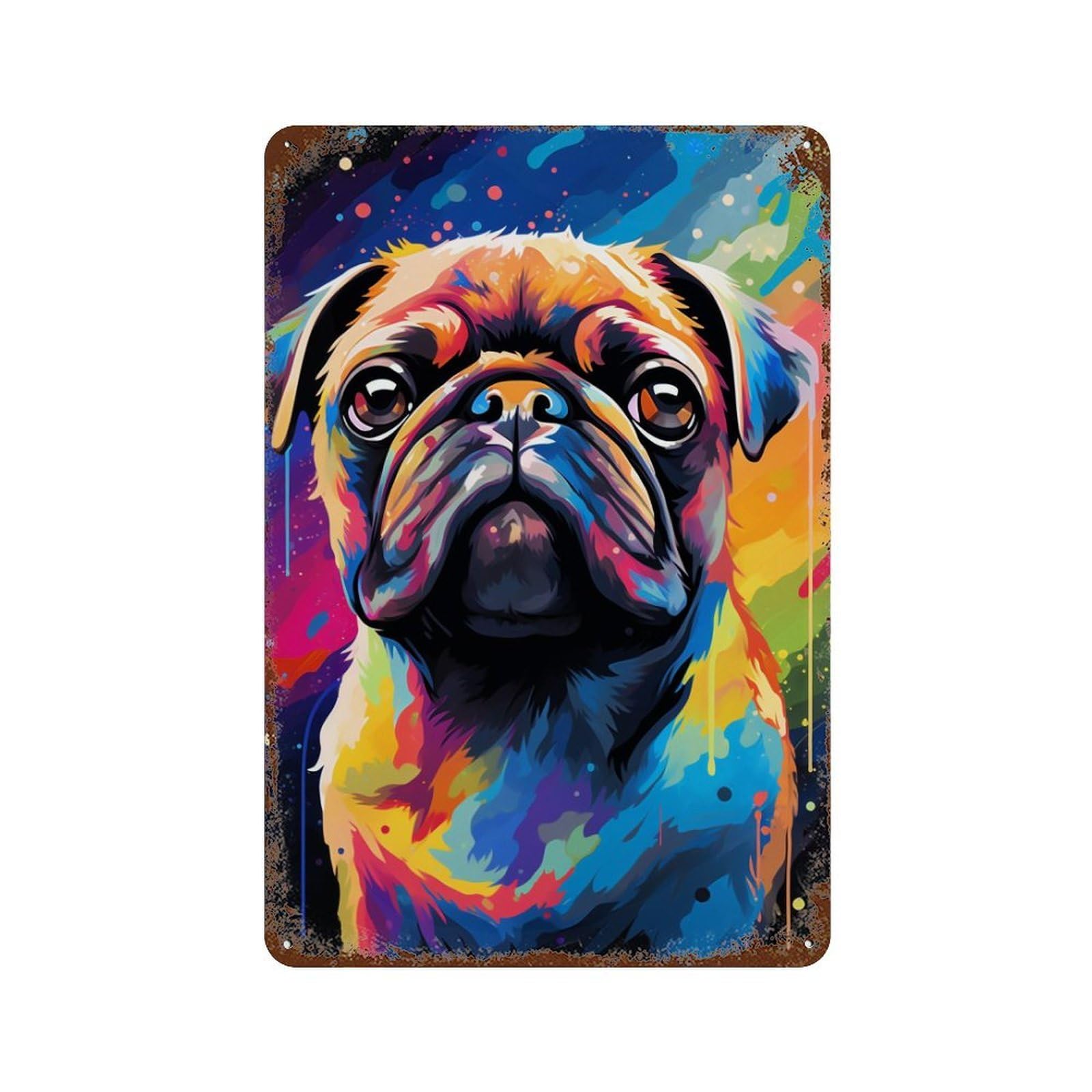 Vintage Metal Tin Sign Colorful Pug Art Print-10 11.8"x7.9", Classic Wall Plaque for Pub, Kitchen And Man Cave Decor