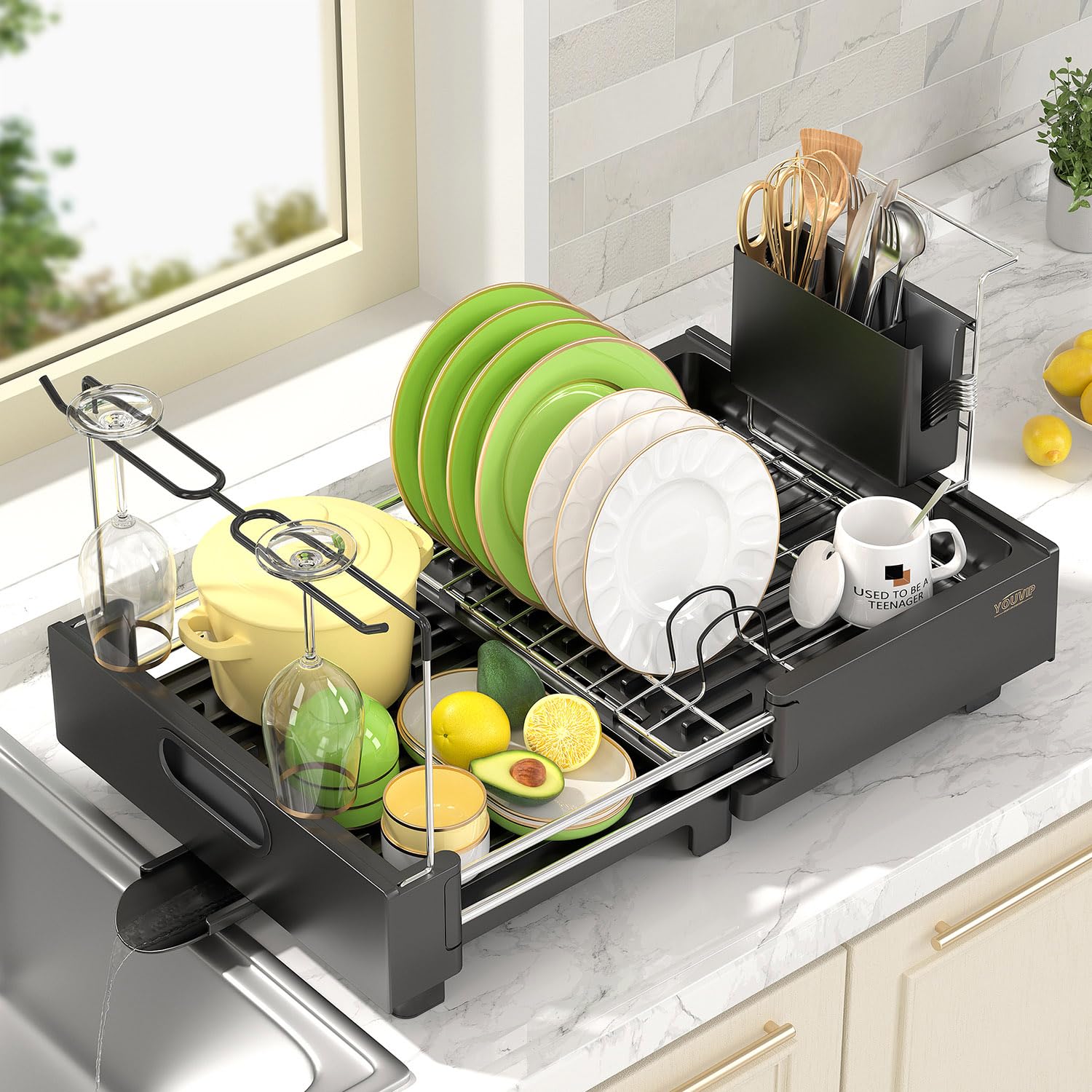 Youvip Dish Drying Rack - Expandable Large Dish Racks, Dish Drainer with Adjustable Water Outlet, Stainless Steel Dish Rack for Kitchen Counter with Cutlery & Cup Holders, Black