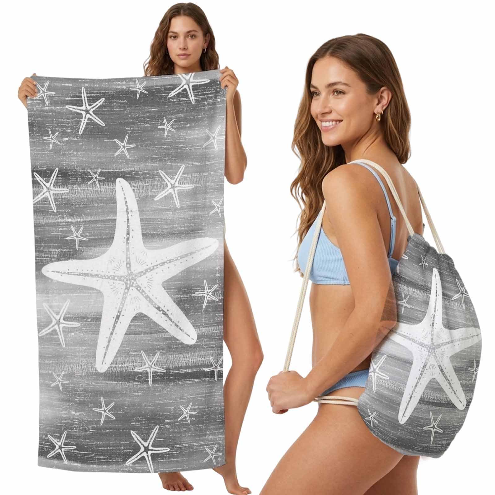 Beach Towel Bag 2 in 1 Coastal Ocean Starfish Bath Pool Towels Backpack Nautical Gray Graffiti Absorbent Beach Towel Soft Quick Dry Lightweight Packable Towels Drawstring Bag for Travel Sports Yoga