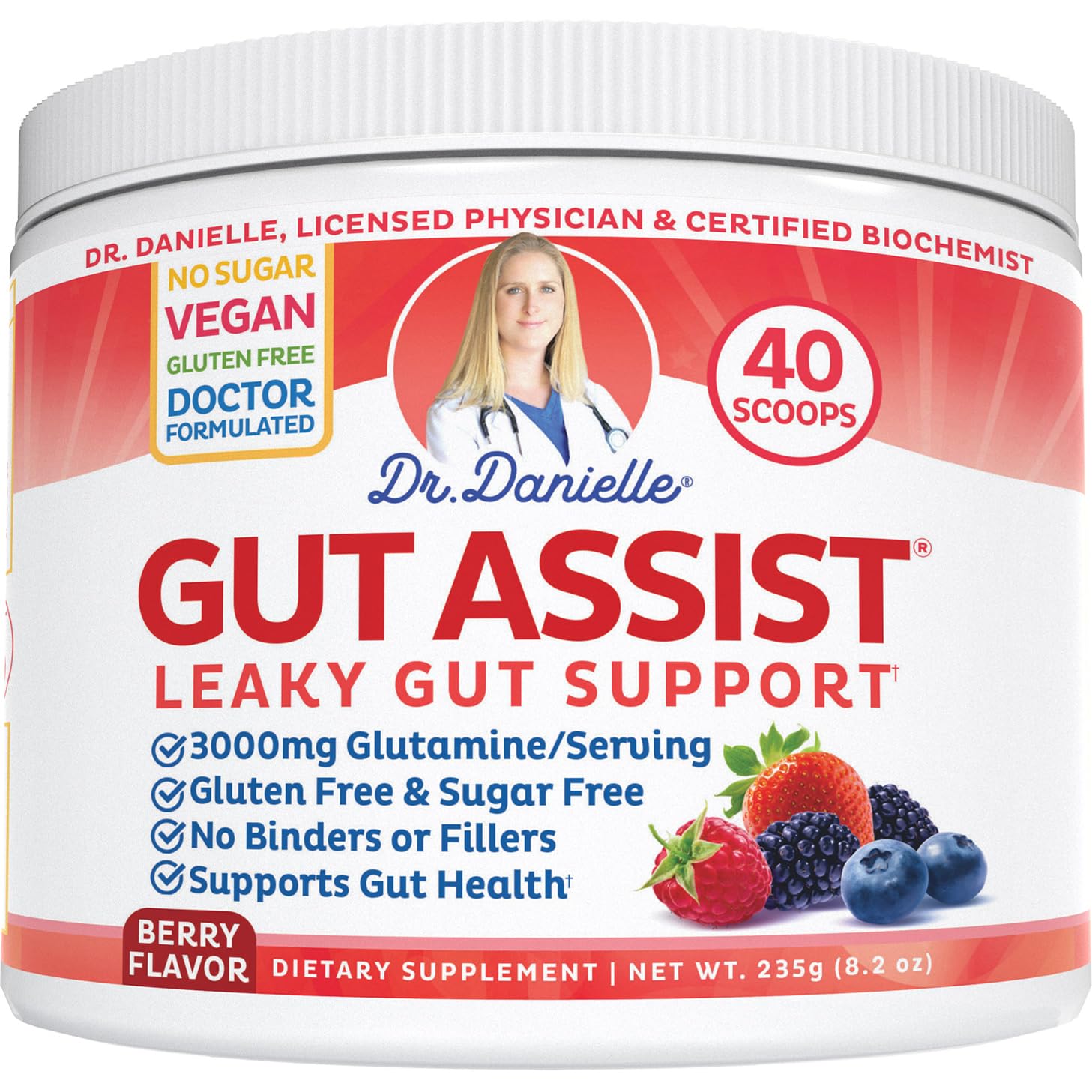 Doctor Danielle Gut Assist - Leaky Gut Repair Supplement Powder - Glutamine, Arabinogalactan, Licorice Root - Supports IBS, Heartburn, Bloating, Gas, Constipation, SIBO from, Berry Flavor