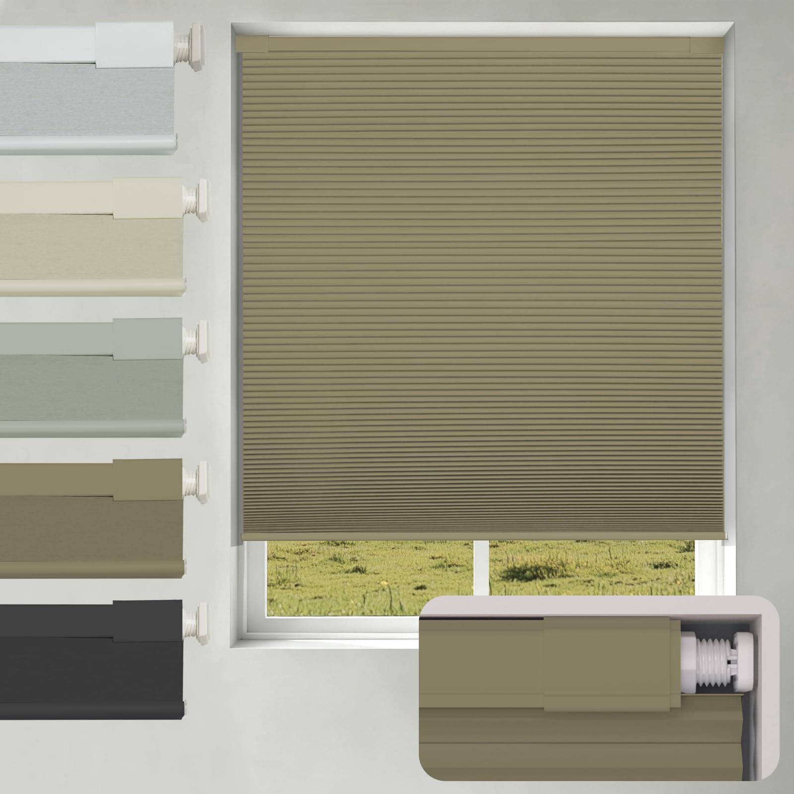 no drill no tools blackout cellular shades,cordless blinds for indoor windows,room darkening window shades honeycomb blinds for bedroom,office,home,brown(blackout),37.5" w x 64" h