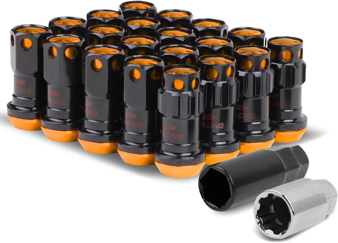 Auto Dynasty M12 x 1.5 Closed End 16PC Aluminum Alloy Wheel Lug Nuts + 4 x Lock Nut + 1 x Key (Orange Accents/Black Body)