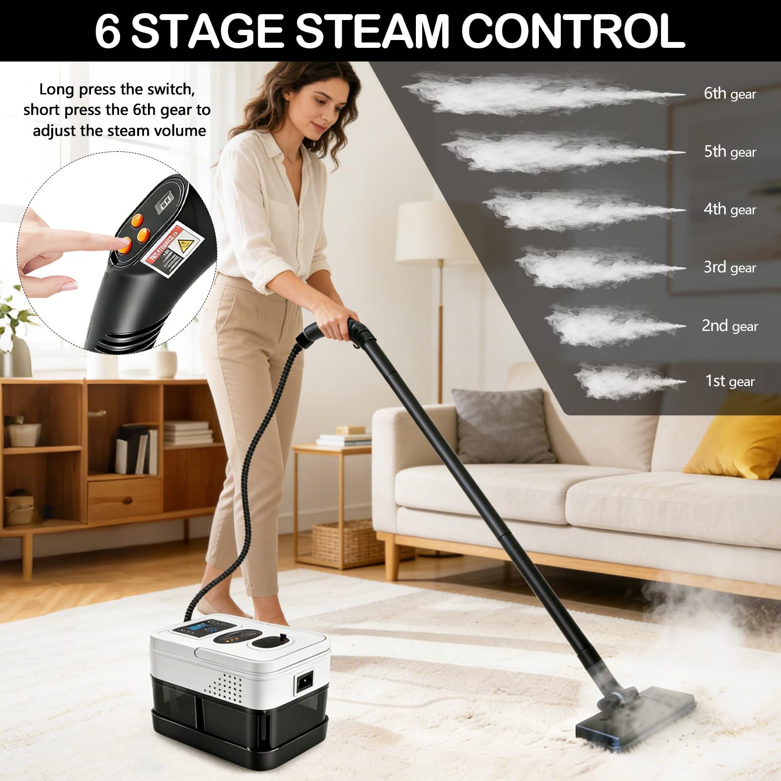 Limpiador a Vapor Portátil, 2500W Potente Limpiador a Vapor para el Hogar, 6 Velocidades Ajustables,19 Accesorios, Depósito de Agua de 1800 ml, Presión de 4 Bar, para Cocina, Ventanas, Pisos, Autos