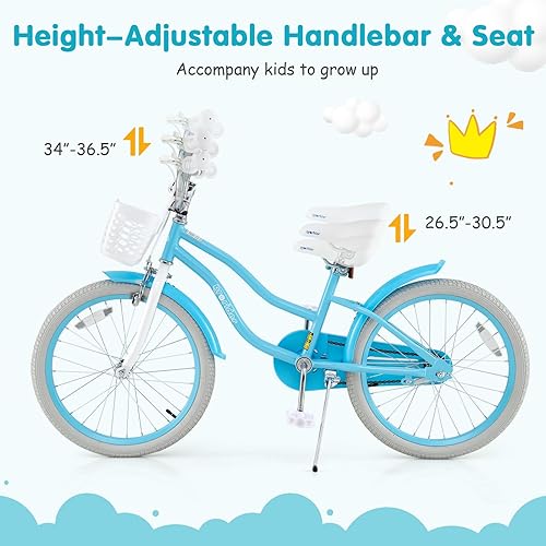Miniatura 4 de BABY JOY Bicicleta para niños, 12, 14, 16, 18, 20 pulgadas, con asiento ajustable, cesta extraíble, freno de mano y freno de posavasos, ruedas de