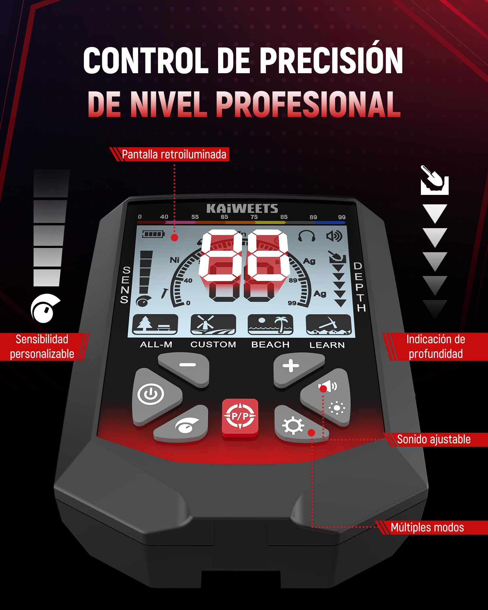 KAIWEETS Detector de Metales Profesional, Bobina Doble D Impermeable, Detector de Oro 5 Modos, Pértiga Telescópica Mejorada, Batería Recargable, Puntero, Cuchillo de Excavación y Funda para la Lluvia