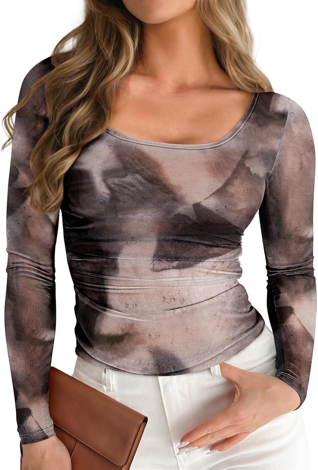 Pink Queen Mesh Top for Women Long Sleeve See Through Shirt Scoop Neck Sheer Blouse