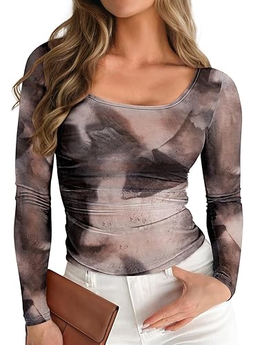 Pink Queen Mesh Top for Women Long Sleeve See Through Shirt Scoop Neck Sheer Blouse - Grey Black - Small