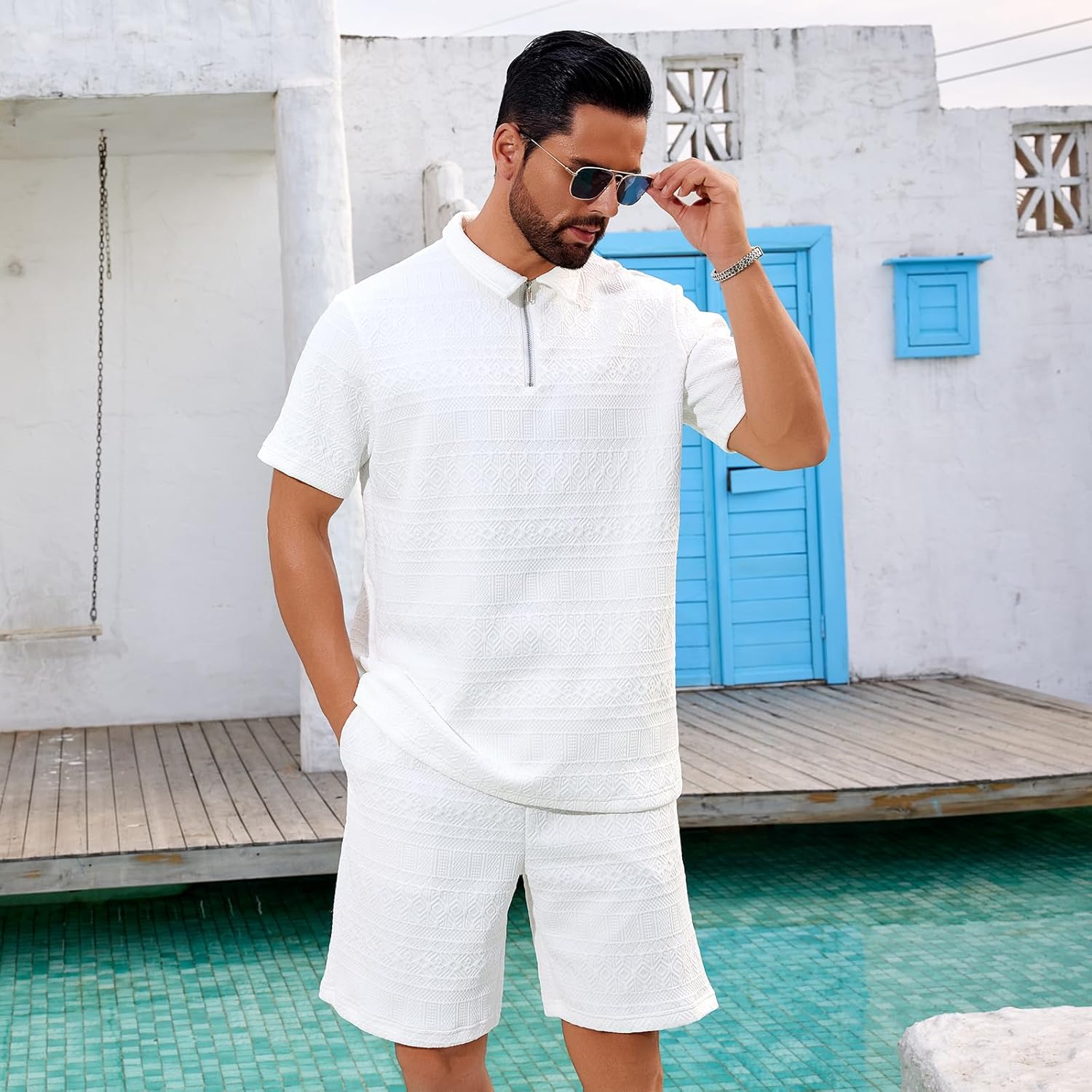 Men's White Textured Polo Shirt and Shorts Set, Quarter-Zip Collar, Casual Summer 2-Piece Outfit - Image 3