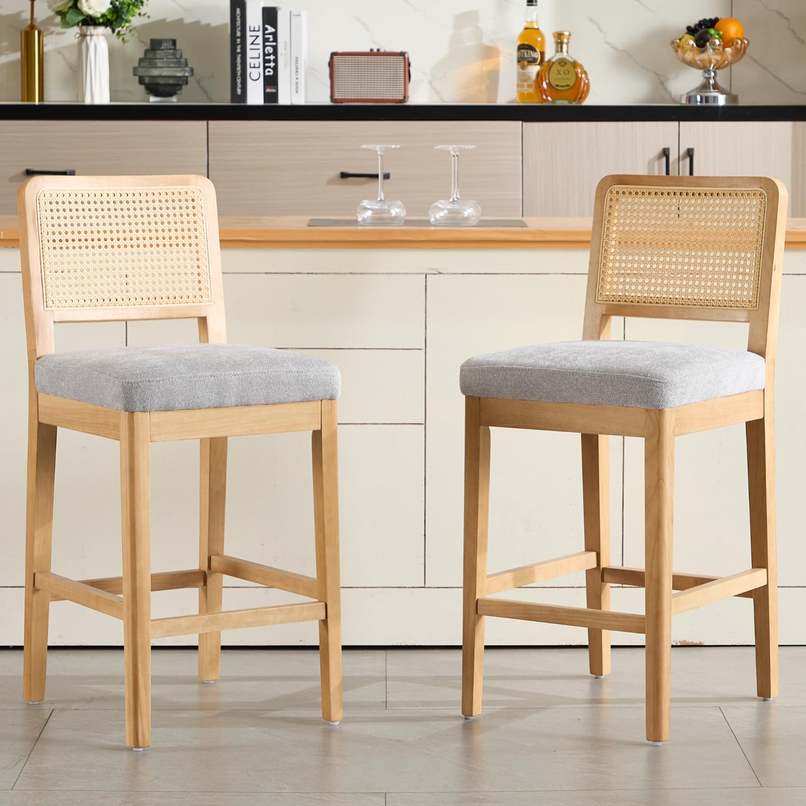 chairus Juego 2 de Sillas Altas de Cocina de Chenilla Taburetes de Bar Tapizado con Respaldo Ratán, Sillas de Barra con Patas de Madera Taburetes Altos de Bistró Modernos para Isla de Cocina, Gris