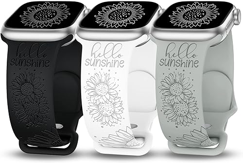 Paquete de 3 correas de silicona grabadas con girasol compatibles con Apple Watch de 1.772 pulgadas, 1.732 pulgadas, 1.654 pulgadas, 1.732 pulgadas,