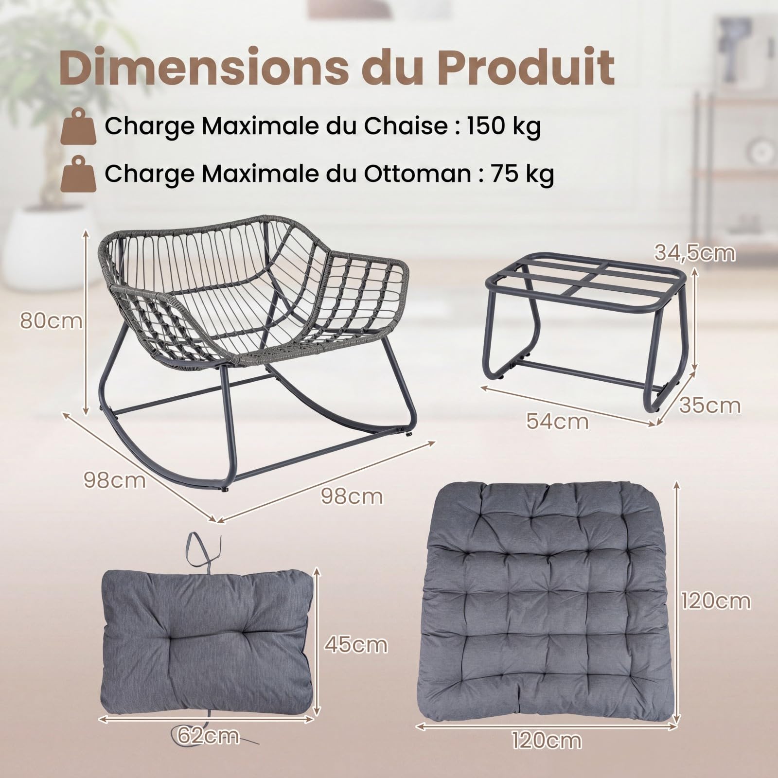 COSTWAY Fauteuil à Bascule Exterieur Interieur avec Repose-Pieds, Chaise de Jardin en Rotin PE & Métal, Coussin Épais Amovible, Fauteuil Œuf pour Balcon Terrasse Jardin Salon, Charge 150+75 kg (Gris)