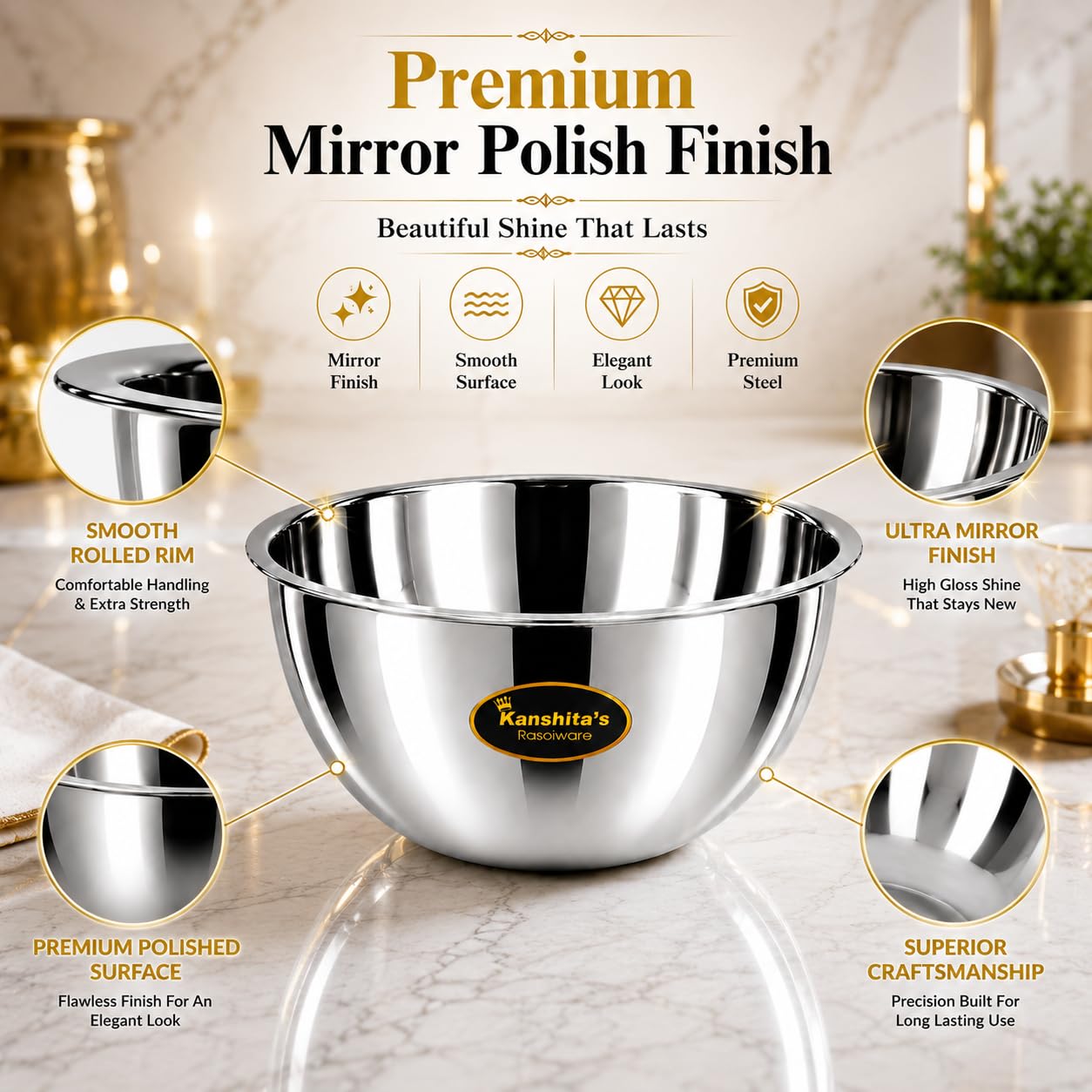 Kanshita's Rasoiware Premium Stainless Steel Mixing Bowl 4000 ml (25.5 cm) | Heavy Duty Food Grade Large Kitchen Bowl for Dough Mixing, Salad, Marinating & Everyday Serving 1
