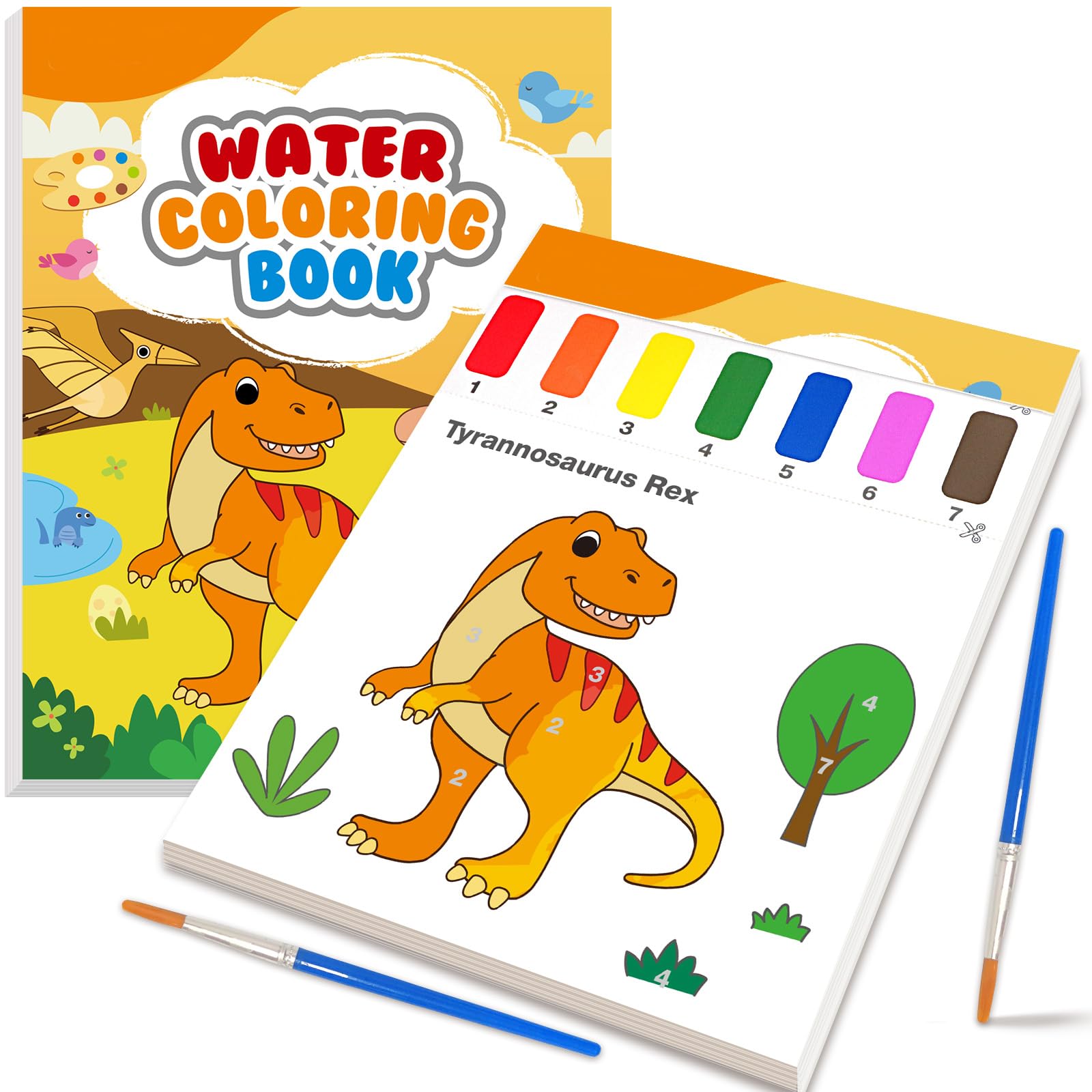 LIKYMO Painting by Numbers, Colouring Book, Water Painting Books for Kids 4-8, Arts and Crafts, Watercolor Painting Sets for Kids, Birthday Gifts Boys Girls (Orange Dinosaurs)