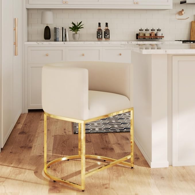 HNY Modern Barrel Counter Height Bar Stool, 24 Inch Velvet Kitchen Barstool with Back for Island, with Gold Metal Tubular Frame,Ivory