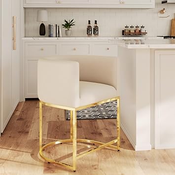 HNY Modern Barrel Counter Height Bar Stool, 24 Inch Velvet Kitchen Barstool with Back for Island, with Gold Metal Tubular Frame,Ivory