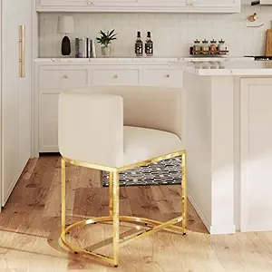 HNY Modern Barrel Counter Height Bar Stool, 24 Inch Velvet Kitchen Barstool with Back for Island, with Gold Metal Tubular Frame,Ivory