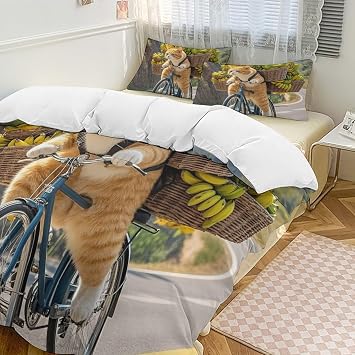 Cats Ride Bikes to Deliver Bananas Comforter Set, Soft Bedding Set with 1 Comforter Cover & 2 Pillowcases, Breathable 3 Piece Bedding Sets for Home, Hotel, Gift, 102"x90"