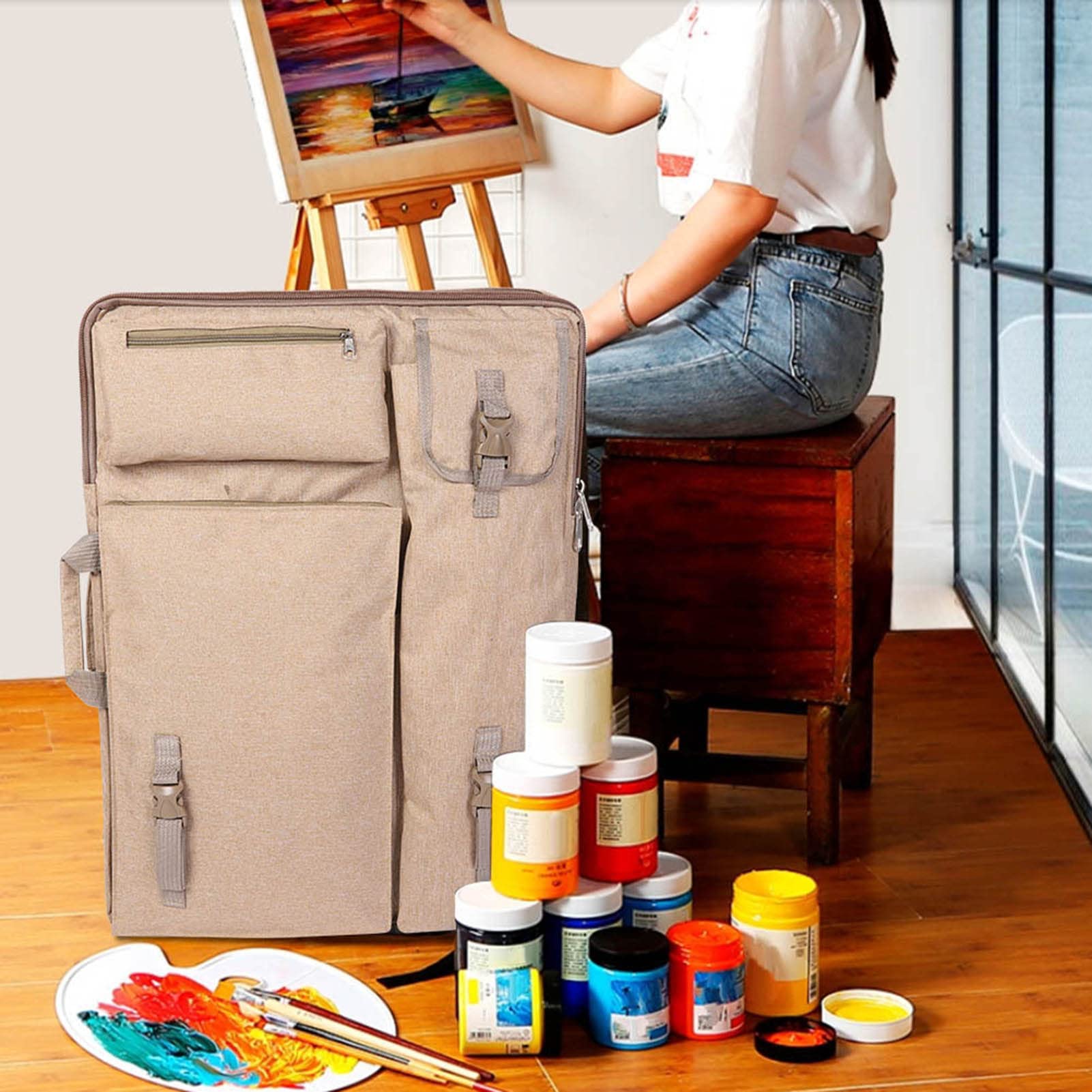 Tablero de dibujo impermeable multifunción grande 4K, bolso de transporte, bolso de arte con correa para el hombro y hebilla para viajes al aire libre, dibujo de la vida(caqui)