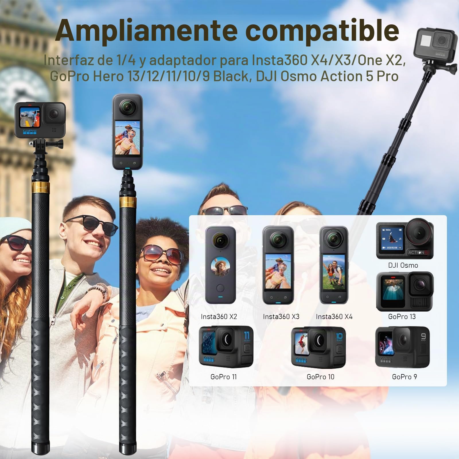 Palo selfie invisible de 3 m, 300 cm, para Insta 360, X5, X4, X3, X6, DJI