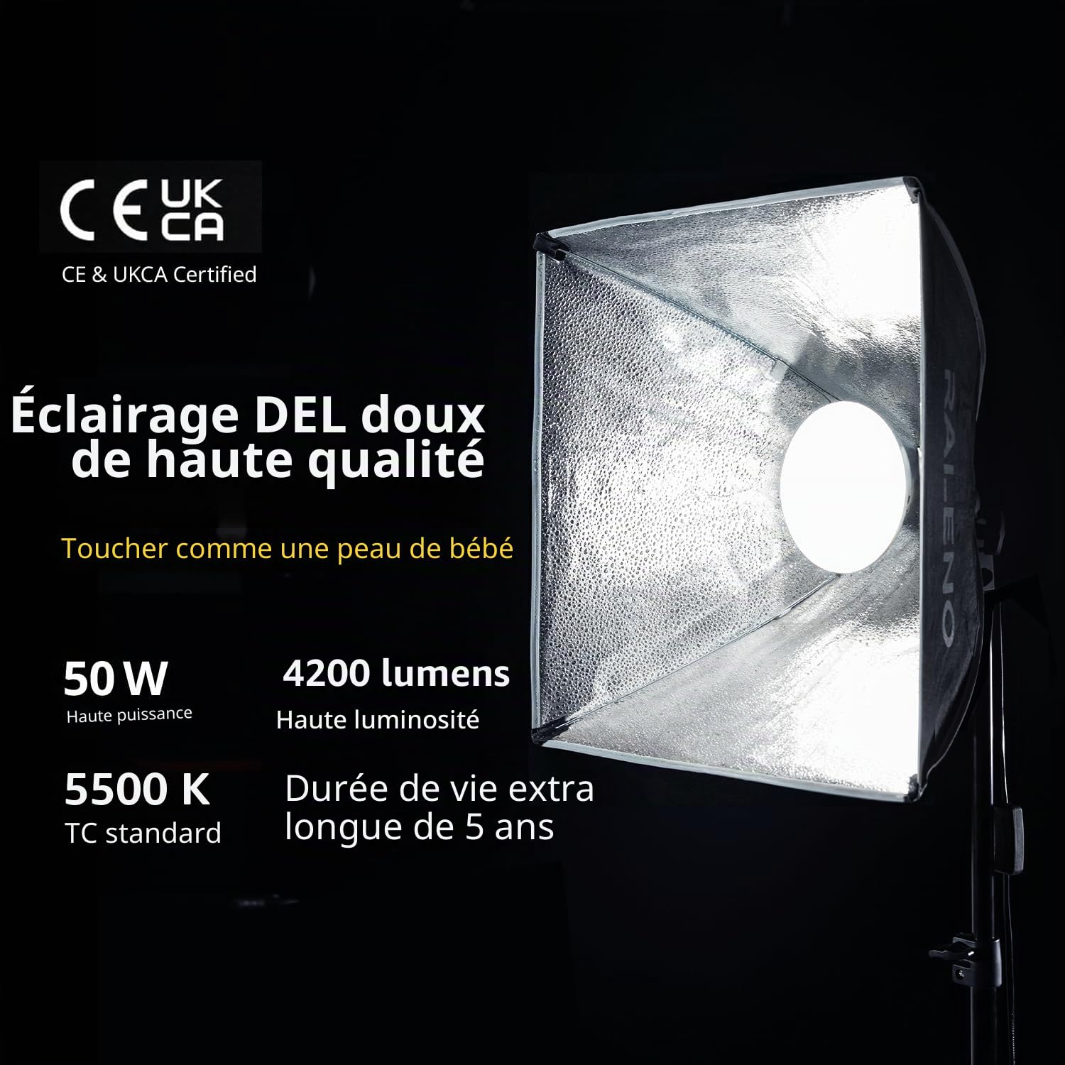 Raleno Softbox pour Studio Photo, Kit d'éclairage de Photographie, Ampoule LED 50W 5500K, avecTrépied Réglable, Éclairage pour la Photographie de Produits et l'enregistrement Vidéo