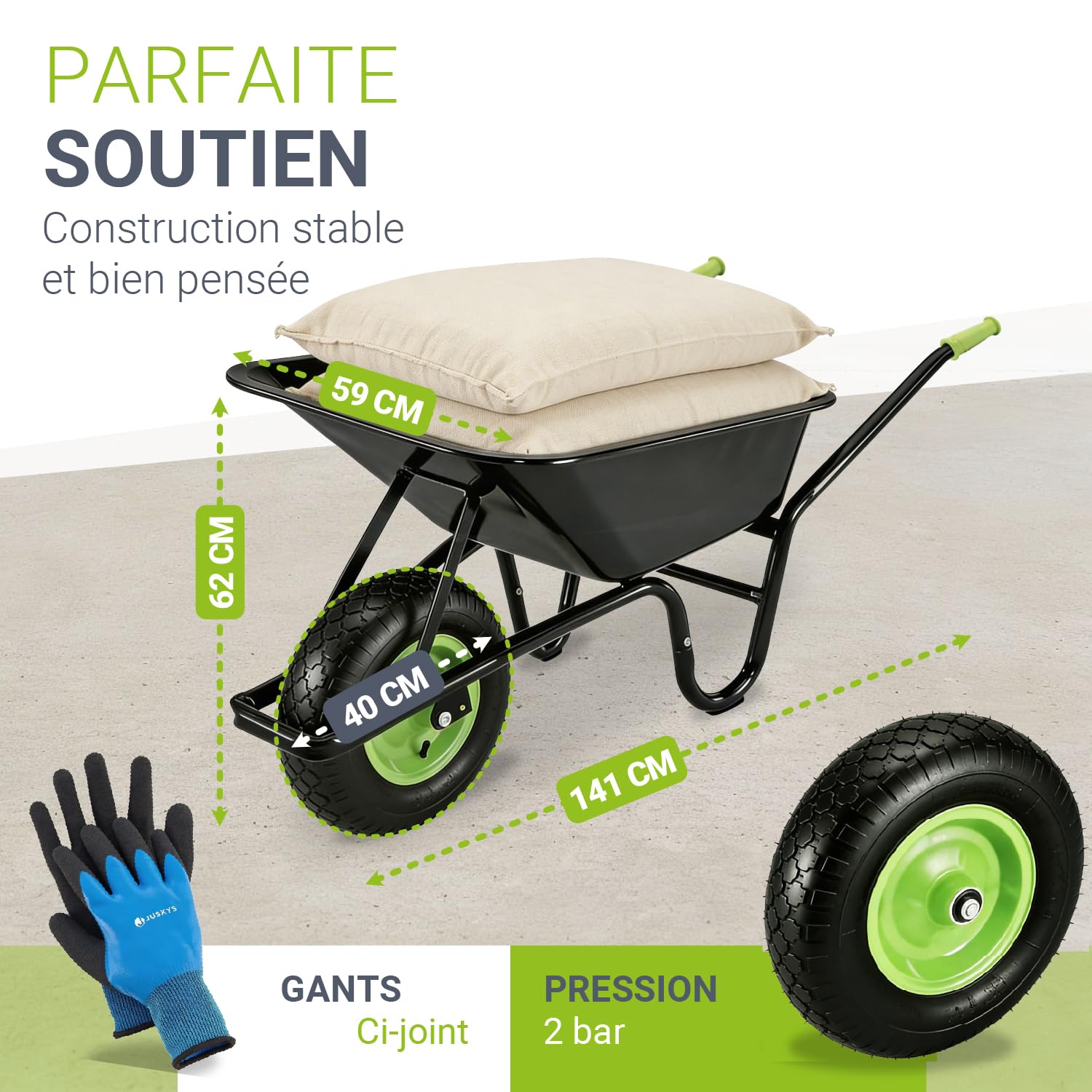 Juskys brouette Garden - Volume de 100 litres - 210 kg - pneus gonflables avec Jante en métal - Cuve galvanisée - brouette de Jardin - Noir