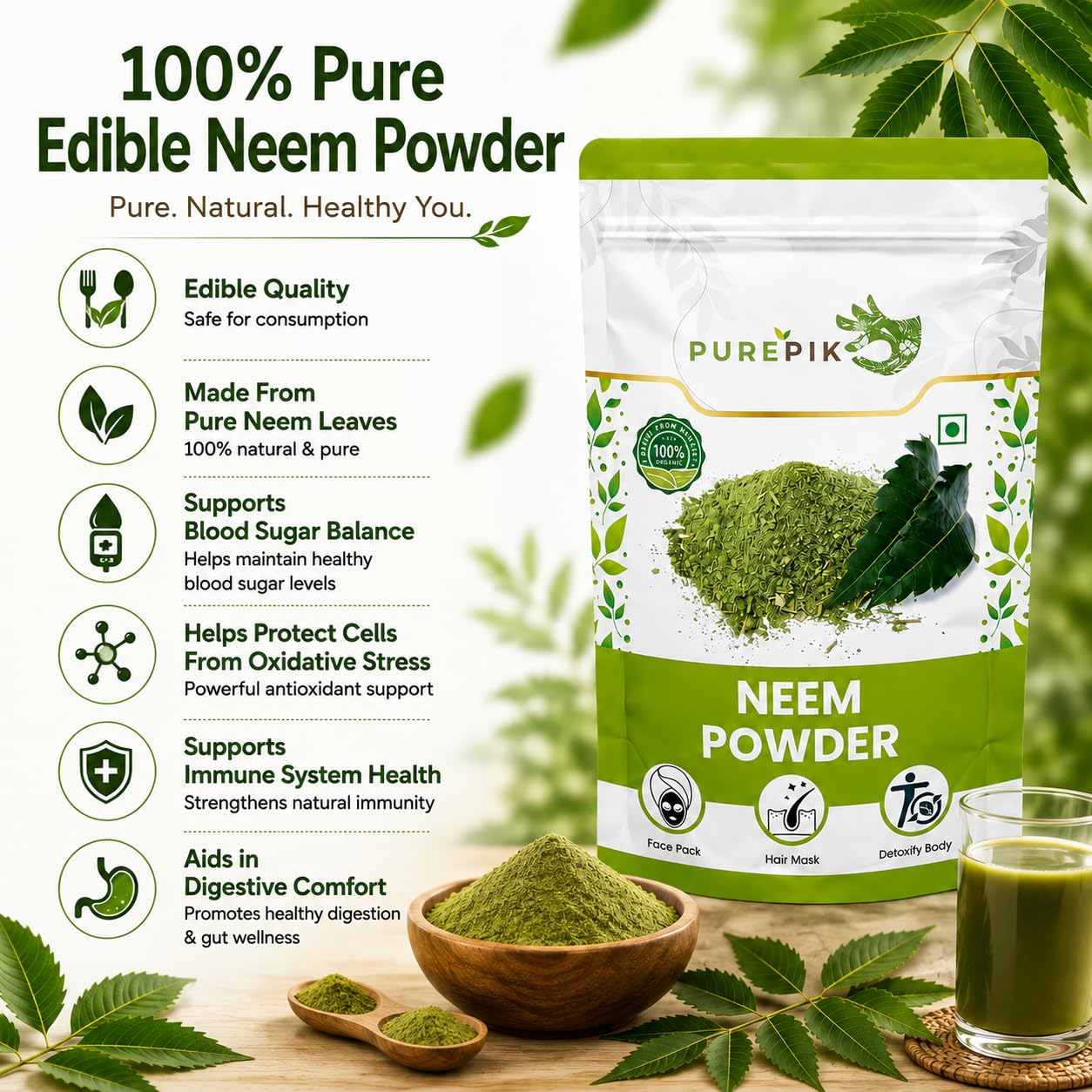 Pure Pik Neem Powder 200 Gram | Neem Powder for face Pack,Hair,Skin,Eating 3