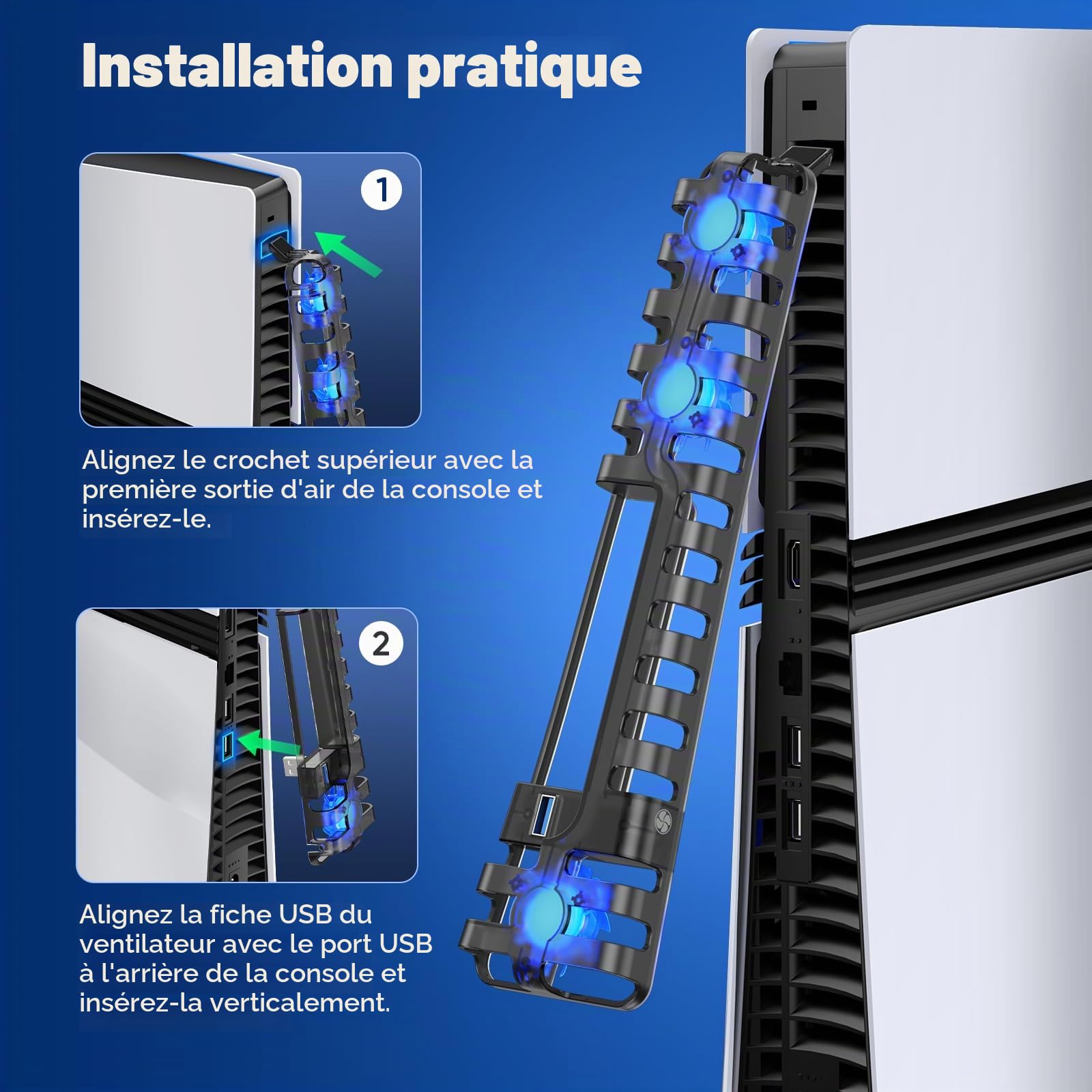 FASTSNAIL Ventilateur de refroidissement pour console PS5 Pro/Slim, vitesse automatique réglable par température, mise sous tension automatique et mode manuel, 3 ventilateurs haute vitesse et port USB