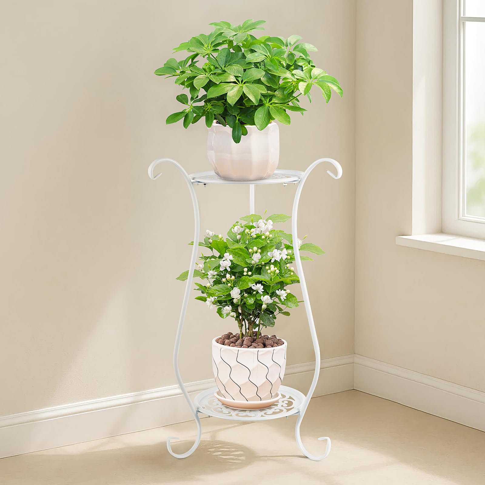 Y.H BLISSHAVEN 2 Tier Metal Plant Stand Indoor Outdoor, Tall Flower Pot Holder Display Rack, Plant Shelf Table for Garden Patio Balcony Living Room Corner, Black Metal Plant Rack 61x33cm (White)