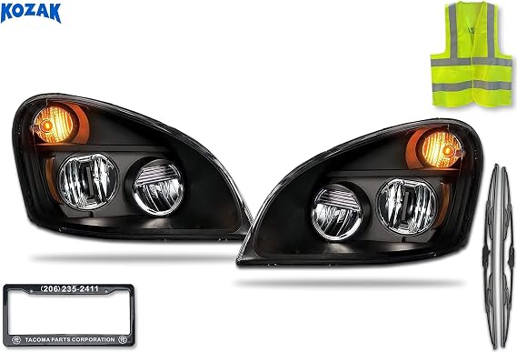 Black Headlights for 2008-2017 FREIGHTLINER CASCADIA SET Halogen Conversion LED