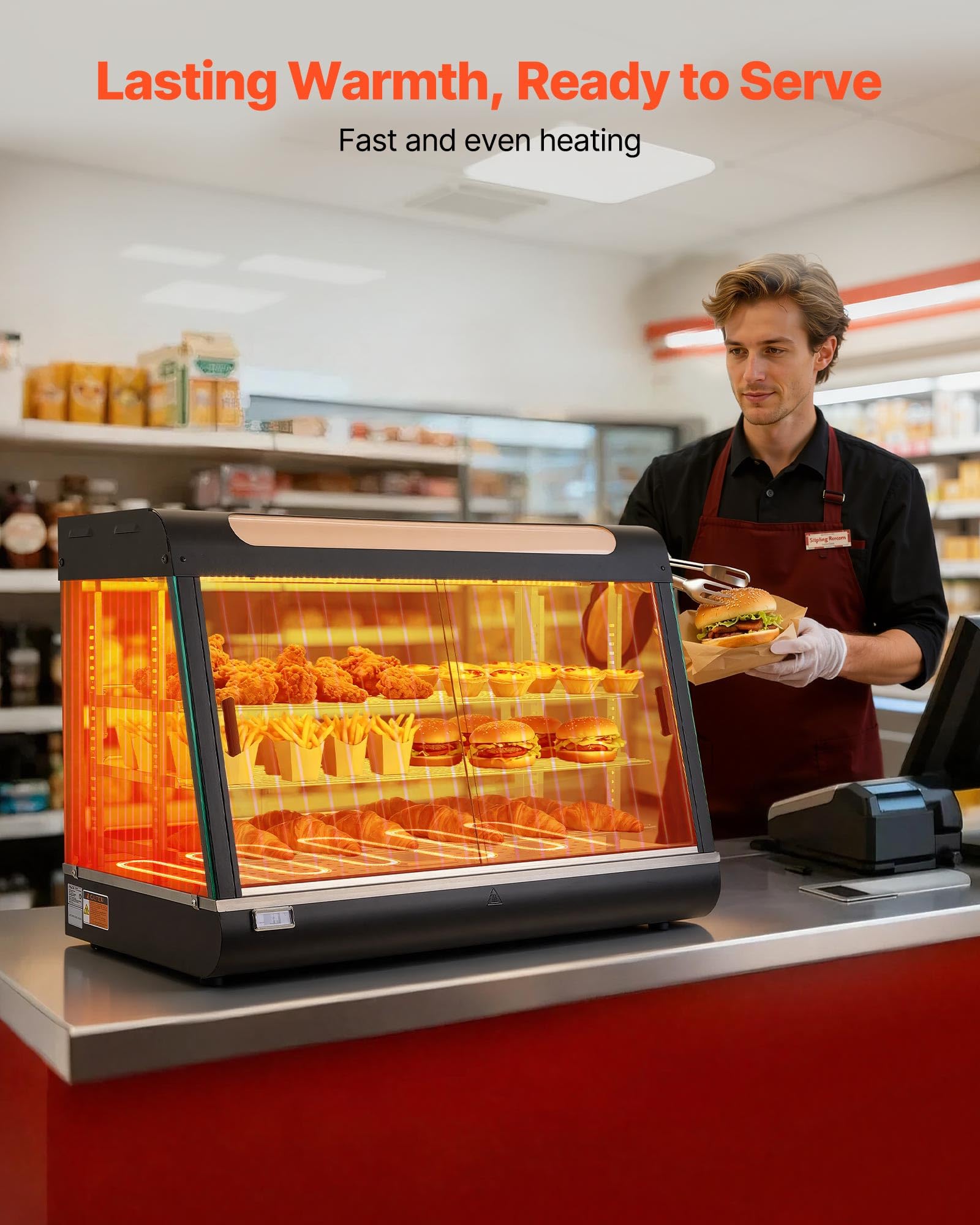 VEVOR Espositore Scaldavivande Commerciale a 3 Livelli, Espositore Scaldavivande da 1400 W con Luce LED, Vano Portaoggetti Superiore e Ripiani Regolabili, per Hamburger, Pizza, Pane, Pollo Fritto