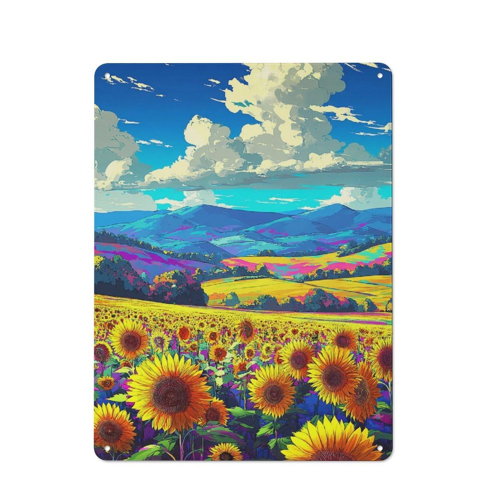 Junmoney Sunflower Fields And Rolling Hills Rustic Metal Sign 40X30cm For Café Or Restaurant, Suited To Café Owners And Decorators