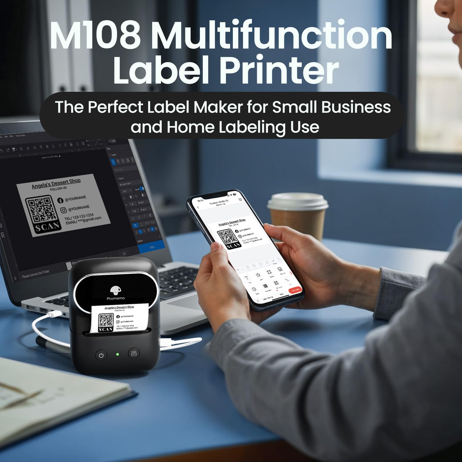 Phomemo M108 Étiqueteuse avec 2 Rouleau d'étiquette, imprimante Etiquette autocollante Bluetooth Thermique Portable, Utilisé au Bureau,Code à Barres,Petite Entreprise,Magasin
