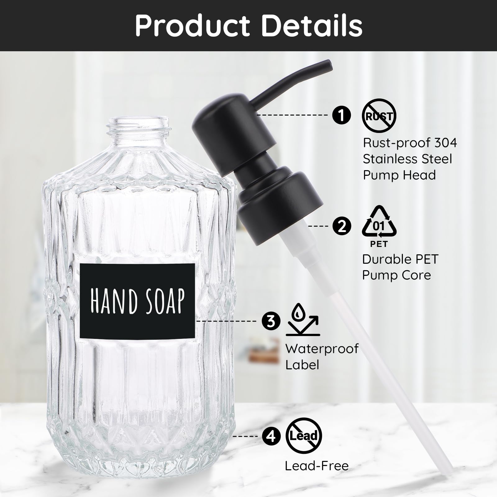 Segbeauty Dispenser di sapone in vetro da 450 ml ricaricabile, 2 dispenser vuoto per sapone da bagno con pompa in acciaio inossidabile, bottiglia trasparente a pompa per lozione da 450 ml con