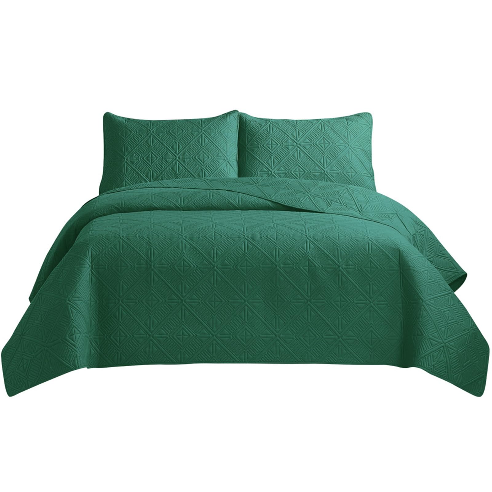 King Size Bedspread Double Quilted Bed Throws - Reversible Embossed Matt Finish Double Bed Covers Quilt Bedspread + 2 Pillow Shams - Solid Color Cotton Bed Spreads and Throws(Dark Green,220*240cm)