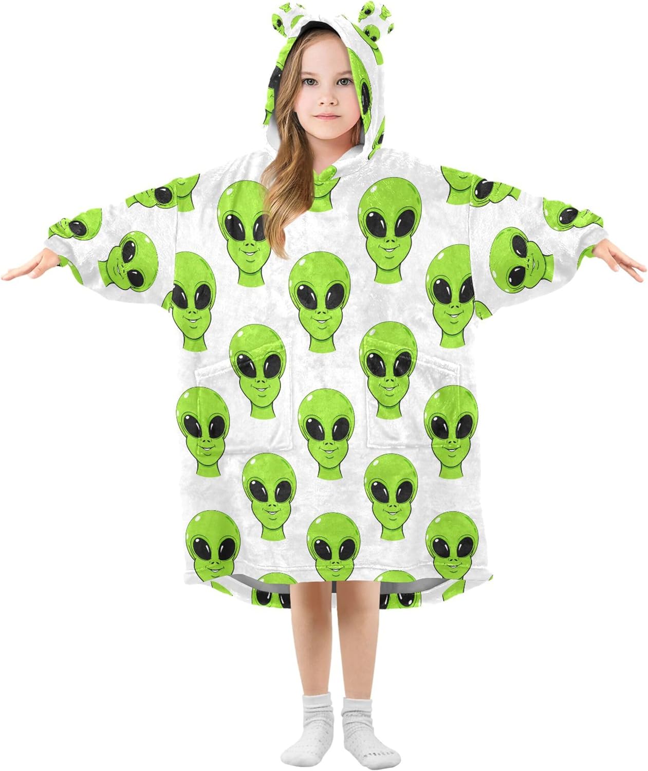 Cute Alien Ufo Kids Wearable Blanket Hoodie with Pocket and Sleeves for Toddlers, Cute Hoodies Girls Boys B0404016