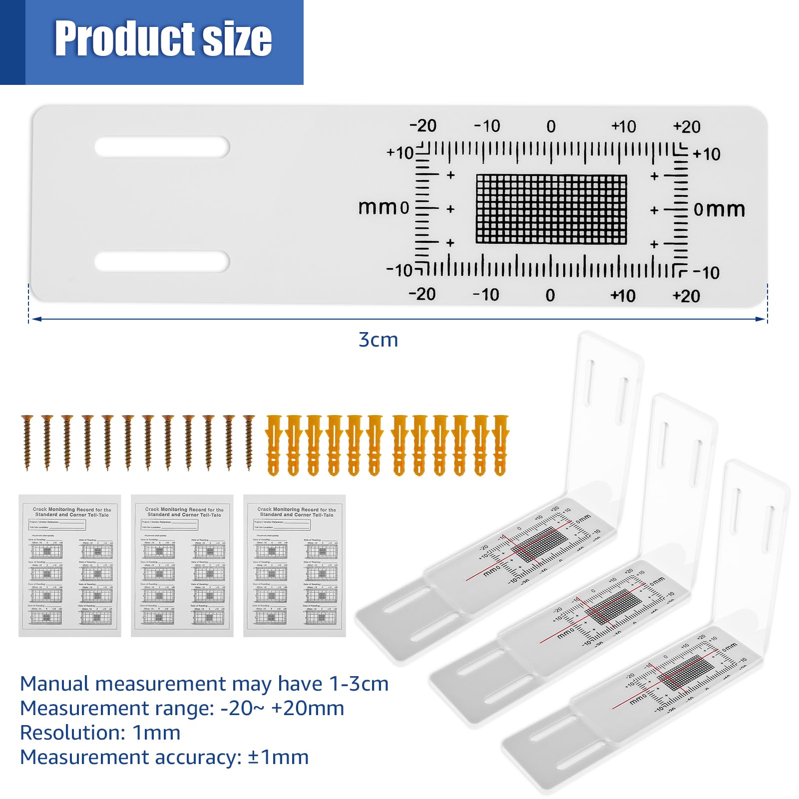 Tcwhniev 3 Pcs Crack Monitor Accurate ABS Acrylic Crack Gauge Monitor Accurate Crack Monitoring Records Reusable Crack Gauge Waterproof Crack Measure Gauge for Corner Crack Standard Tell Tale